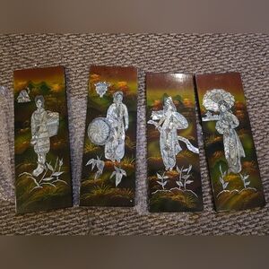 Set of 4 Vintage Mother-of-Pearl Inlaid Oriental Panels in Green and Brown